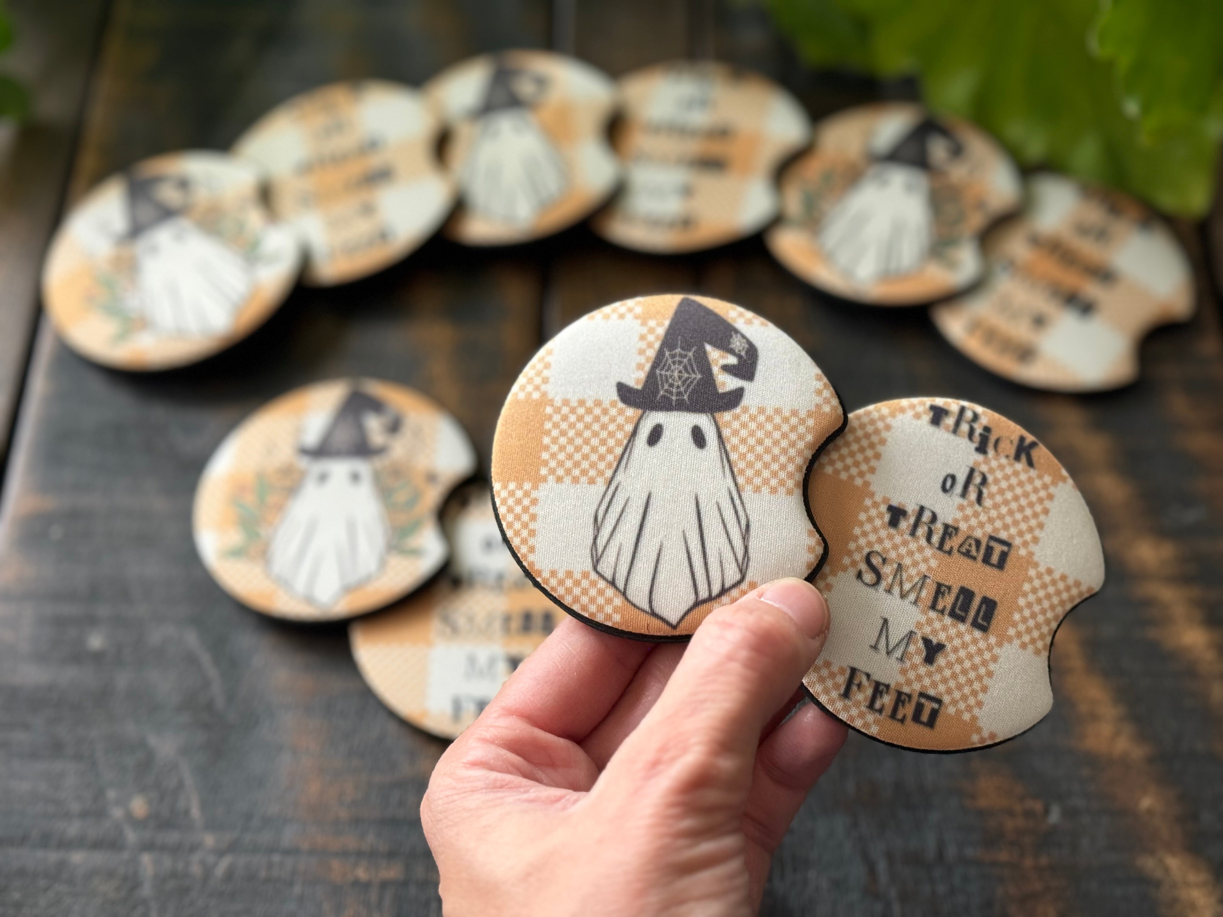 Trick-or-Treat Smell my Feet Ghost Car Coasters