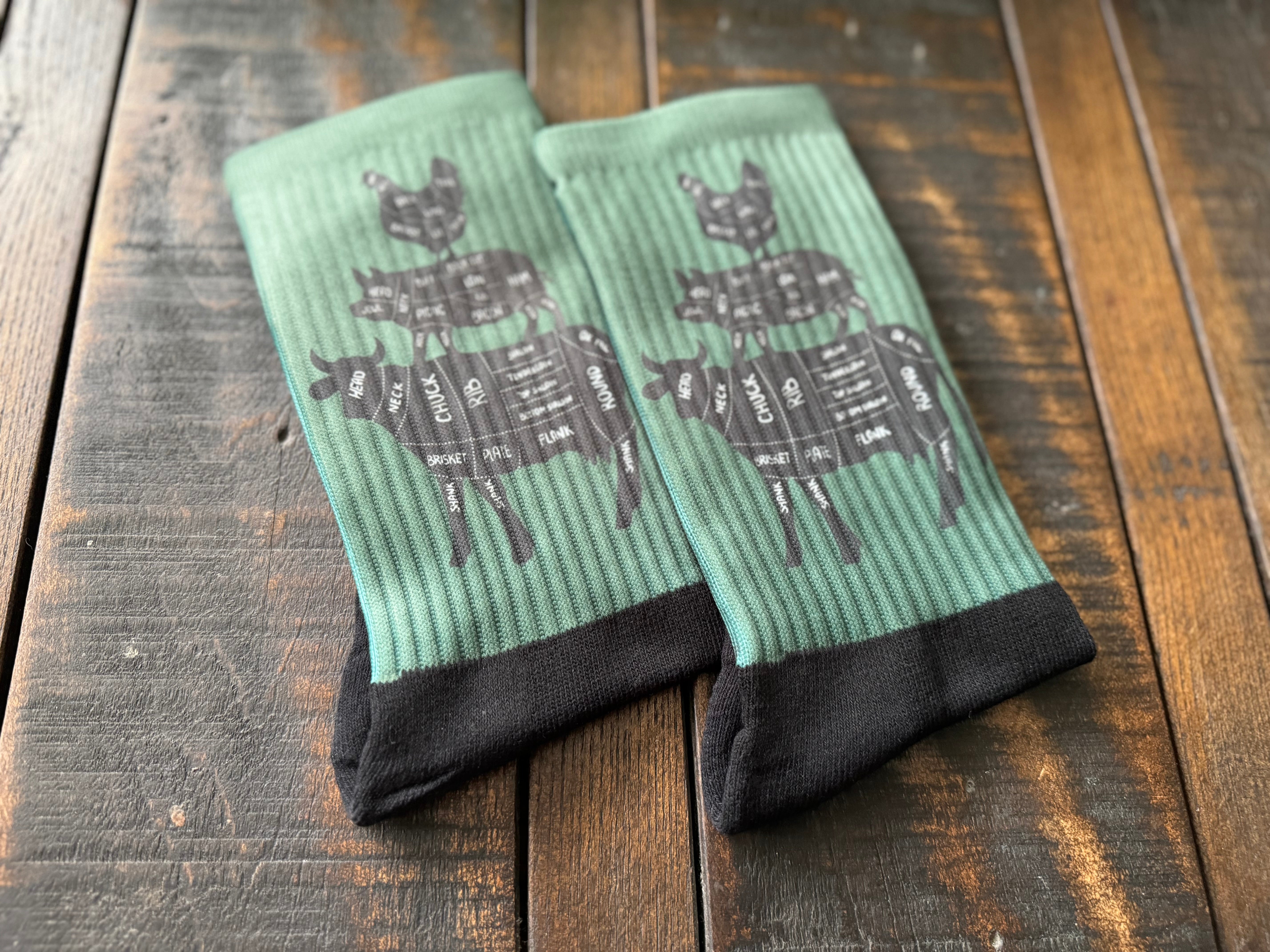 Chicken, Pig, Cow Cuts Diagram Crew Socks