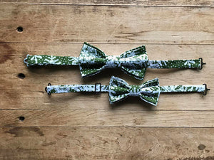 Father and Son Bow Ties ~ Green and Ivory Snowflake- Adjustable