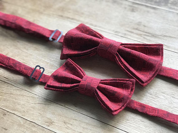 Father/Son Bow Tie Set ~ Red Geometric Squares ~ Adjustable Bow Tie