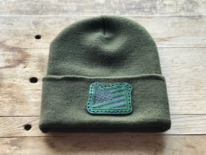 Oregon Leather Patch - Olive Green Beanie