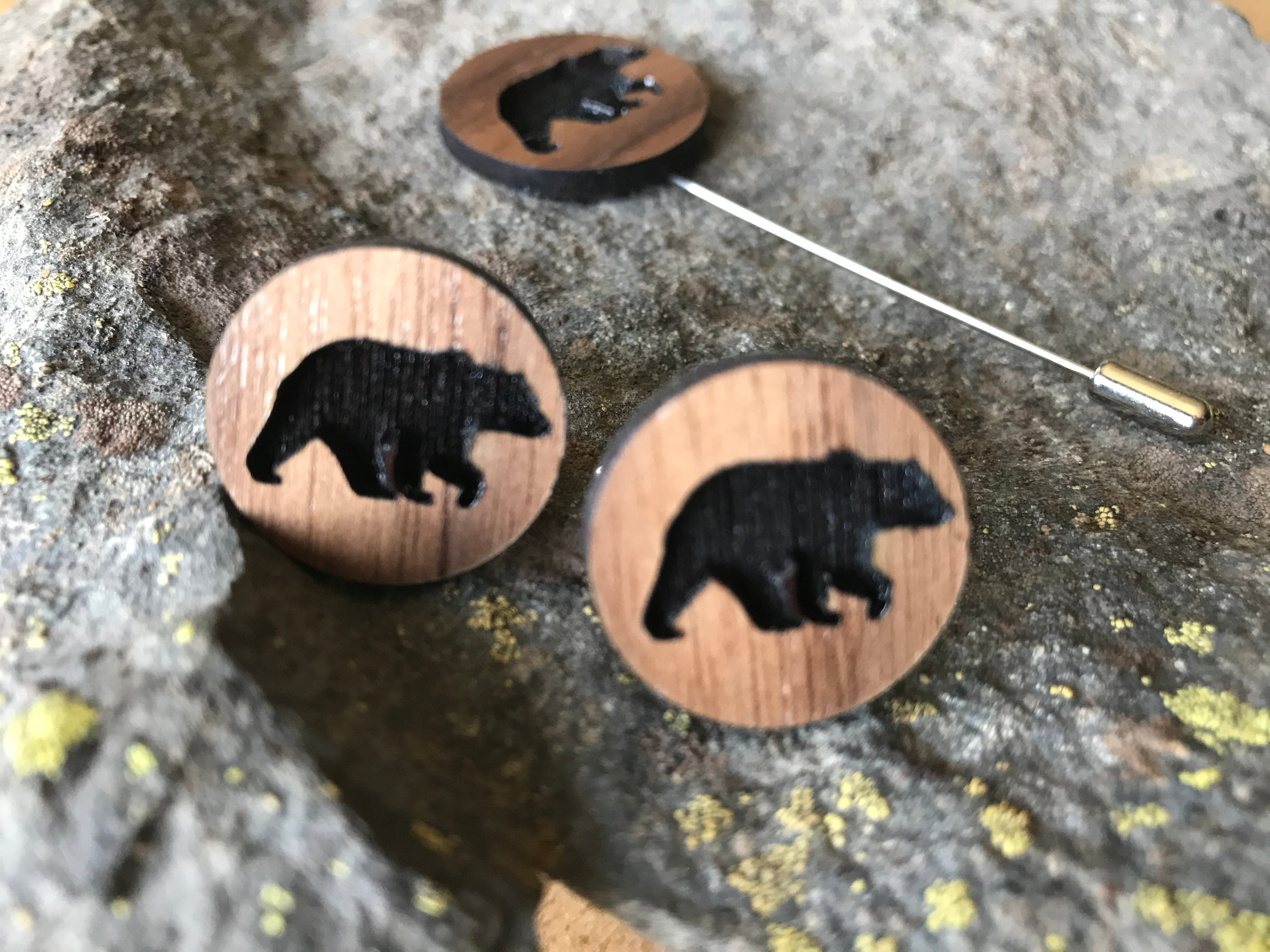 Wood Bear Cufflinks and Lapel Pin Set