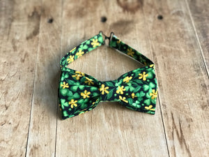 St. Patrick’s Day | Gent Bow Tie | Adjustable Black with Green Clovers and Yellow Flowers | Handmade
