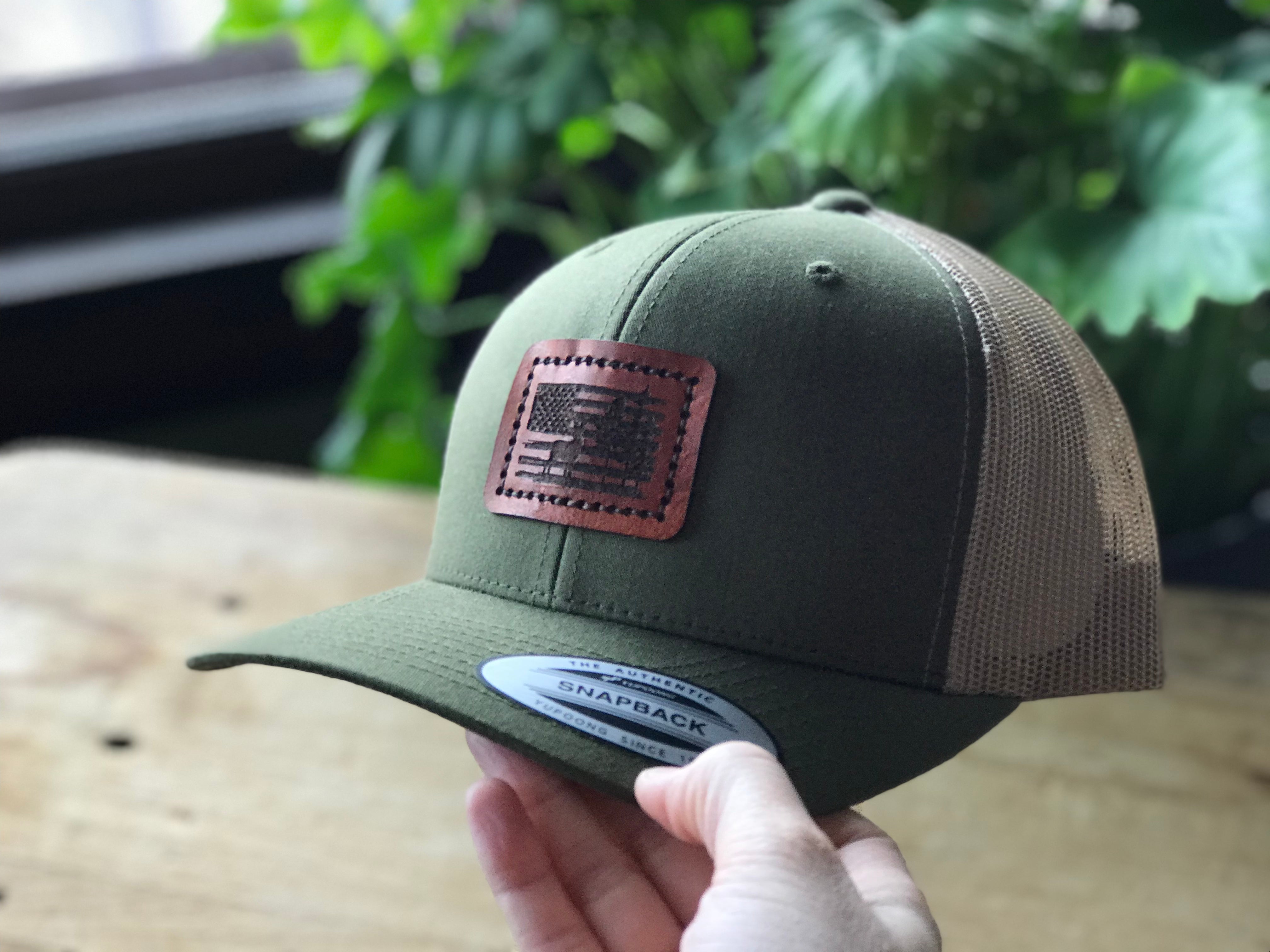 American Flag, Deer & Trees Leather Patch Retro Trucker Hat