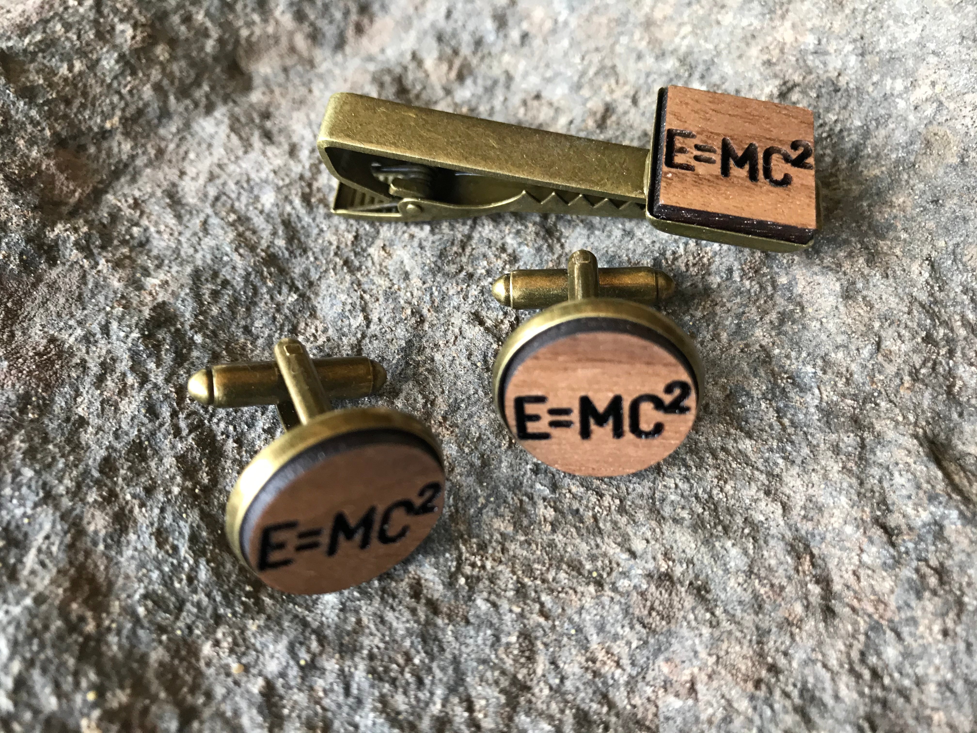 E=Mc2 Wood Cufflinks and Tie Clip