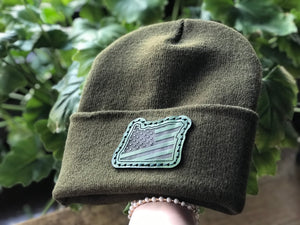 Oregon Leather Patch - Olive Green Beanie