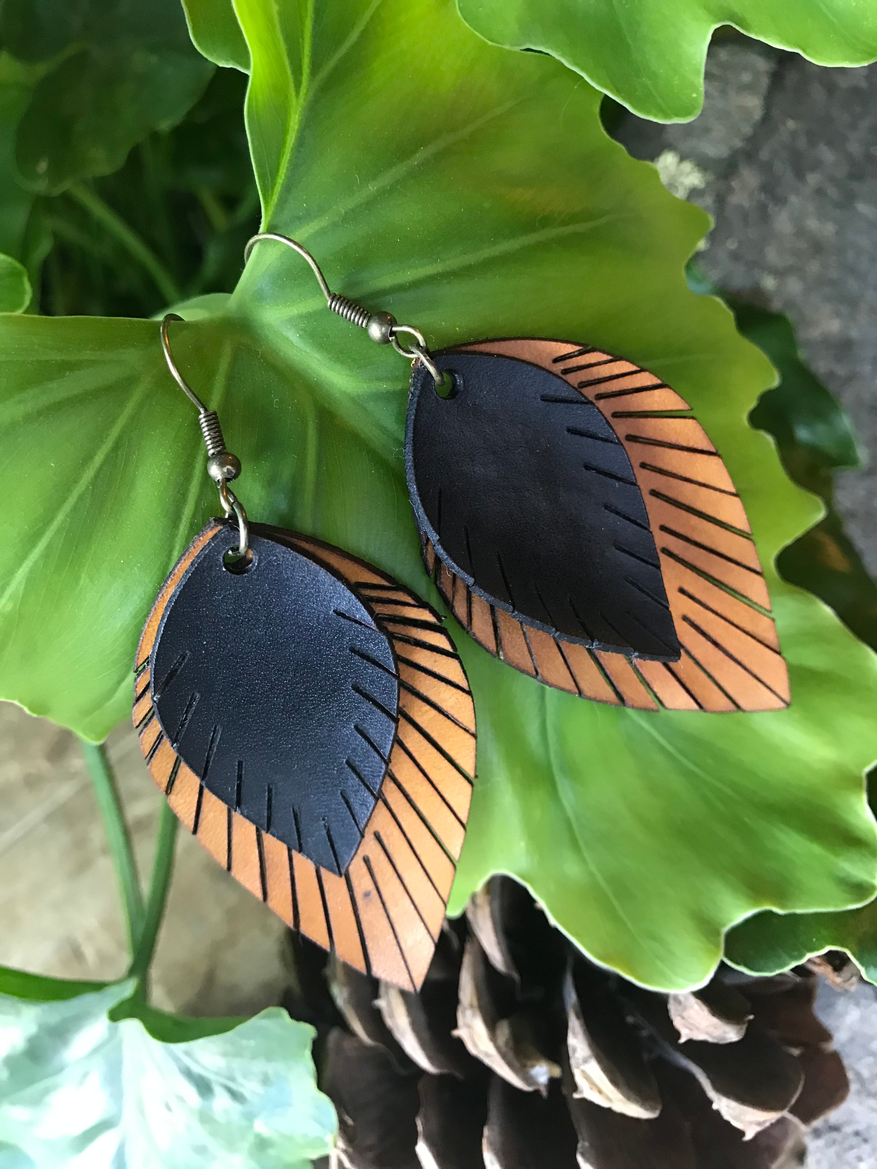 Leather Feather Dangle Earrings (Black & Yellow)