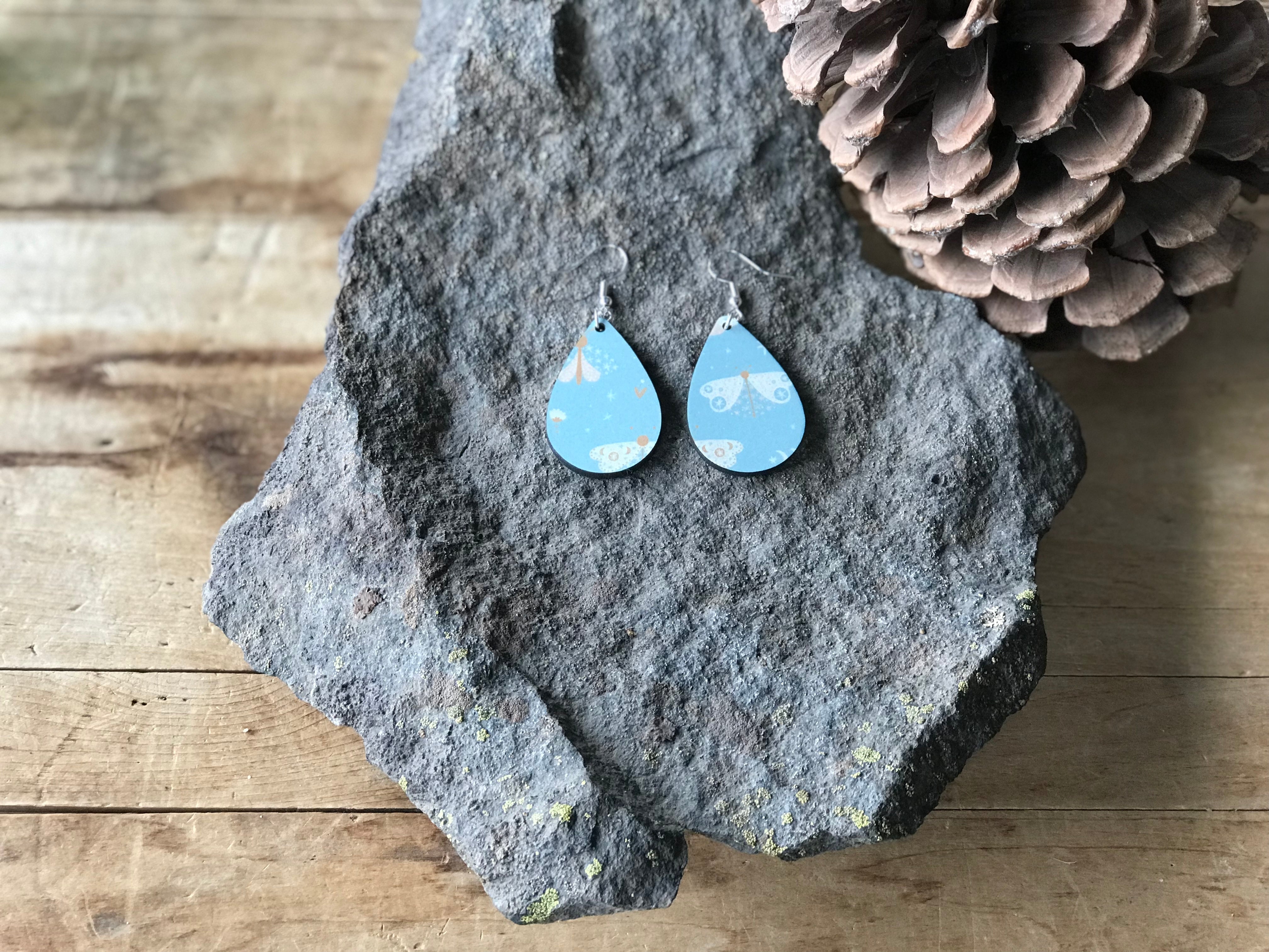 Vintage Moth Teardrop Dangle Earrings (Blue)