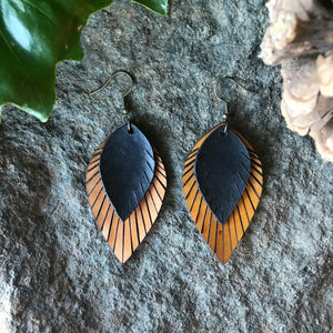 Leather Feather Dangle Earrings (Black & Yellow)