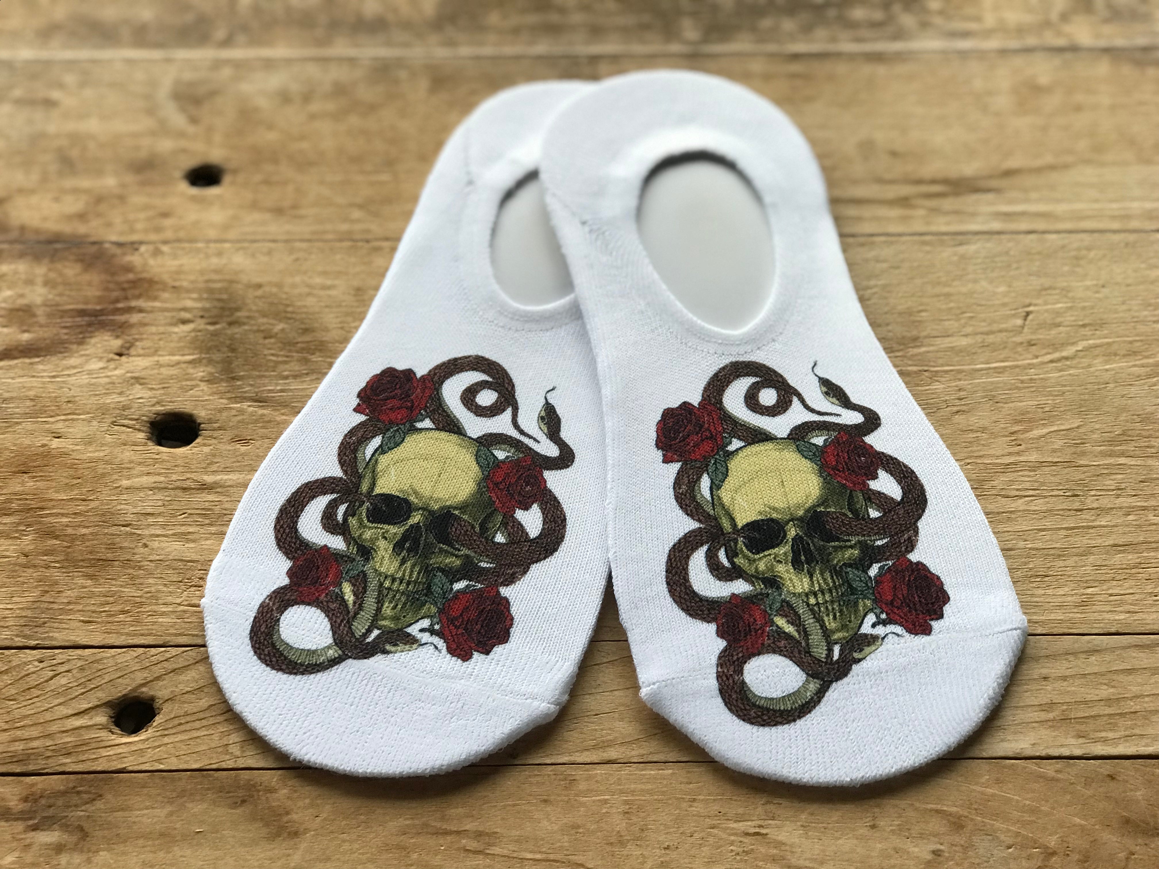 Vintage Skull Wrapped Snake w/Roses No-Show Socks