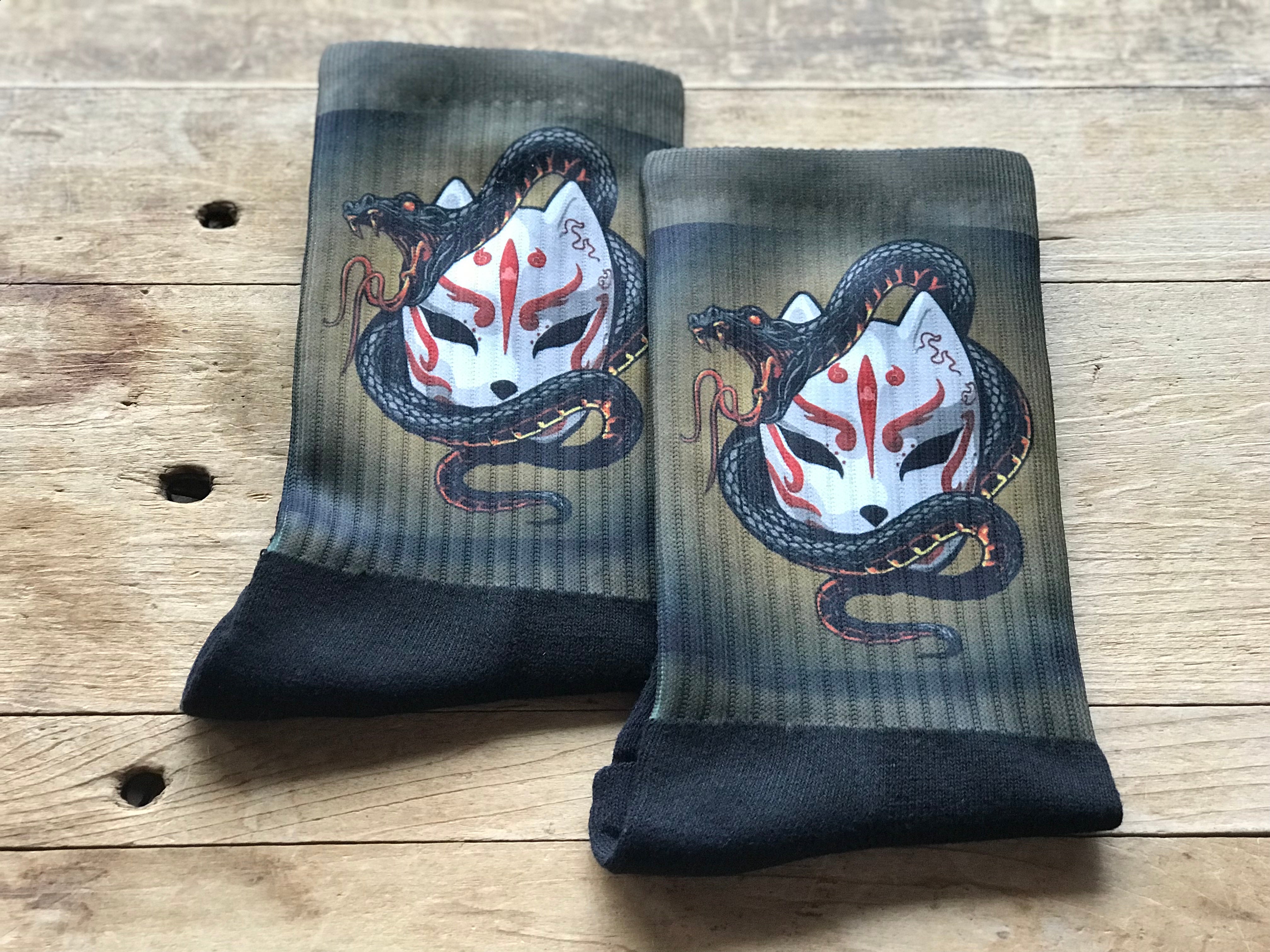 Snake Wrapped Japanese Art Mask Crew Socks