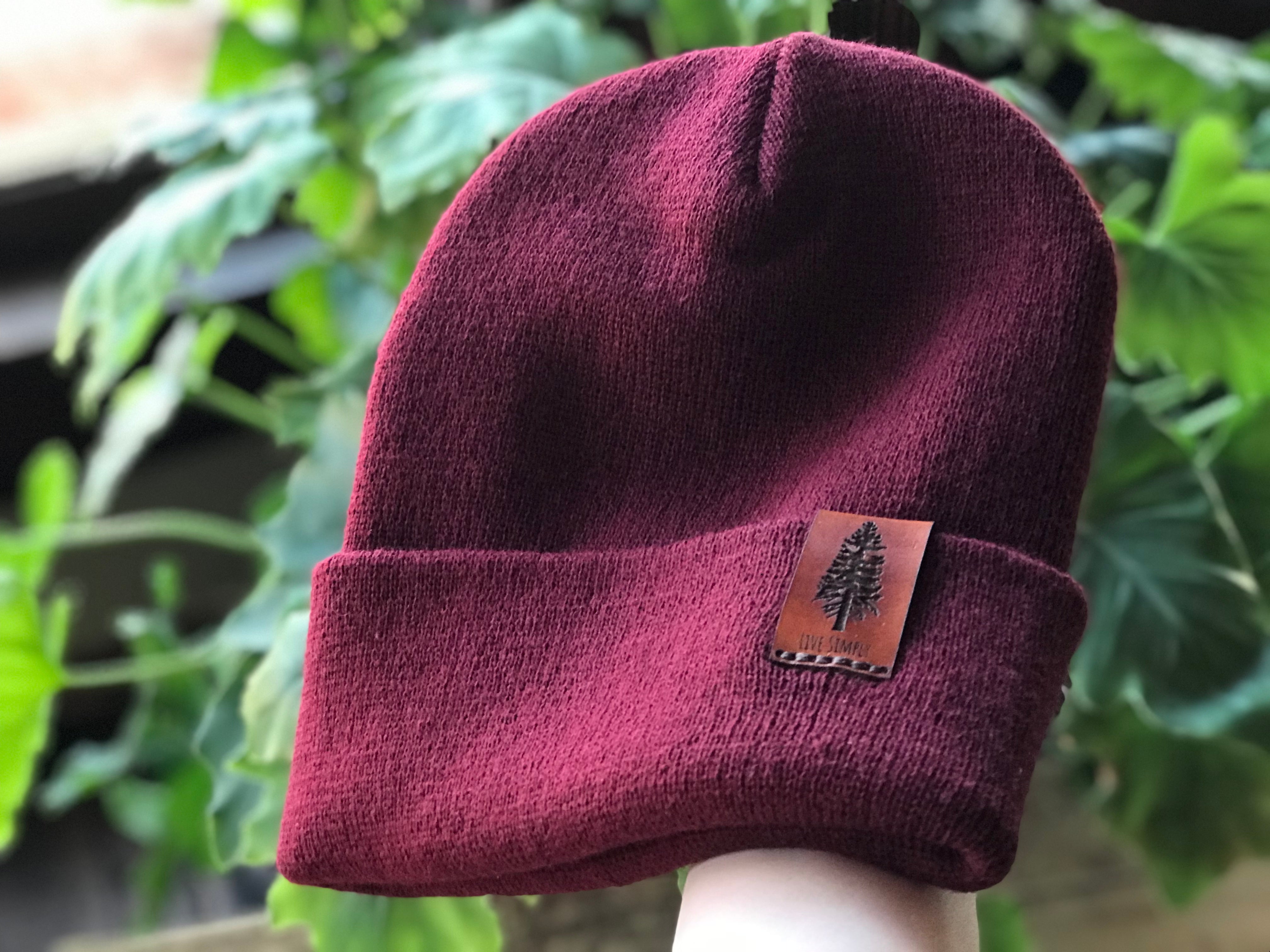 Live Simply Leather Patch - Maroon Beanie