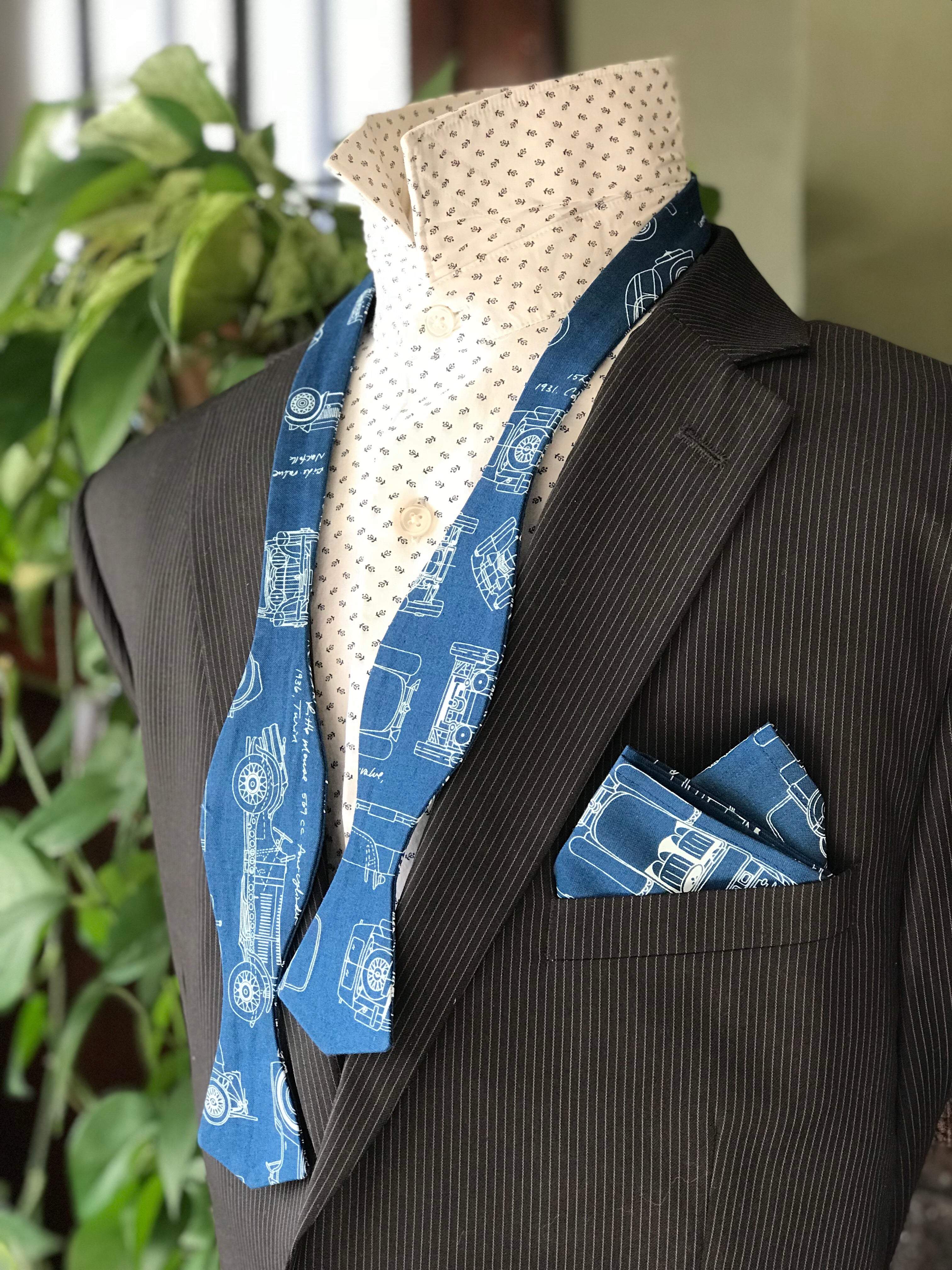 Dapper Gent Self-Tie Bow Tie and Pocket Square - Vintage Drafted Cars - Blue & White