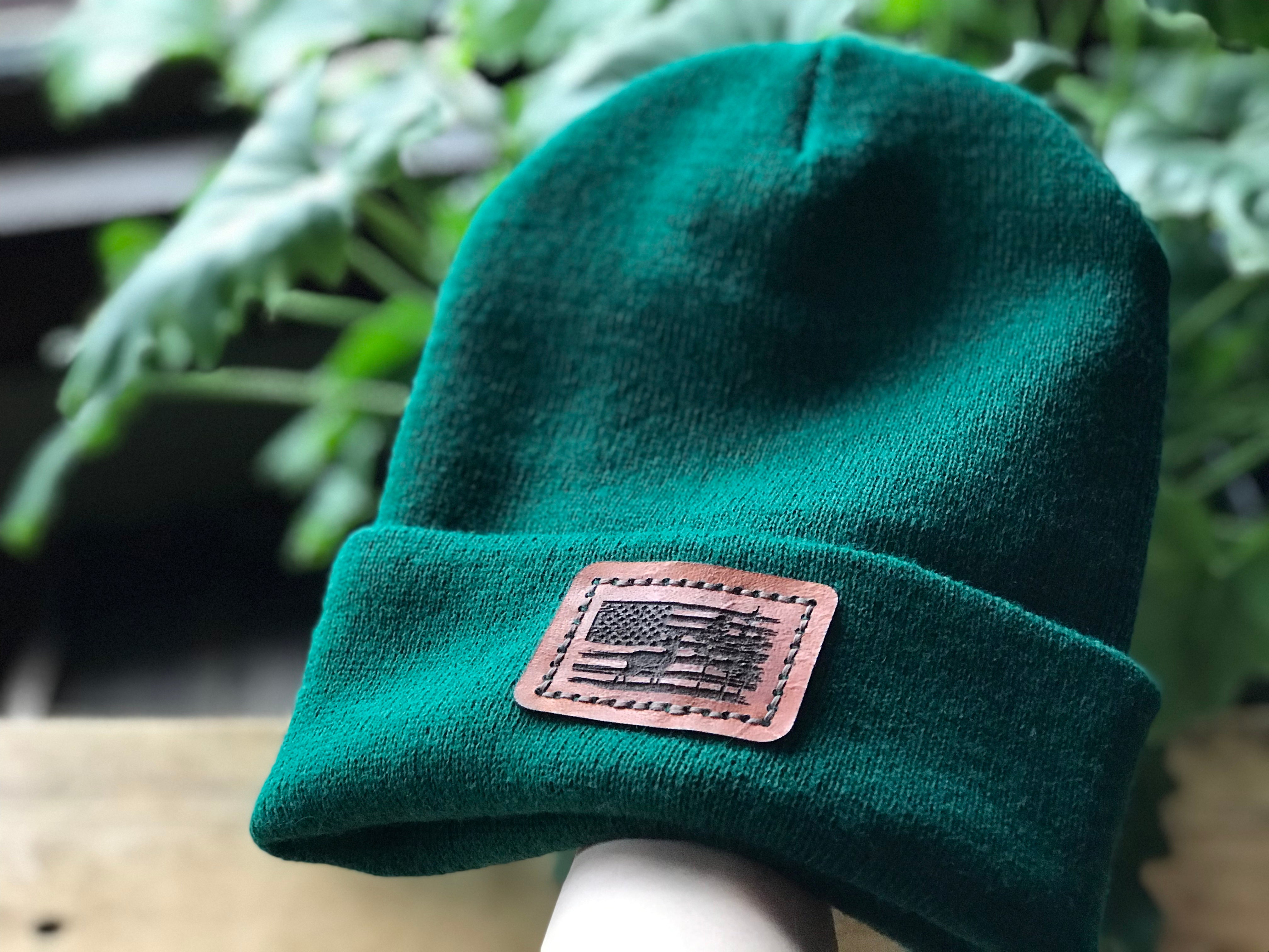 Deer & Trees in American Flag Leather Patch - Spruce Green Beanie