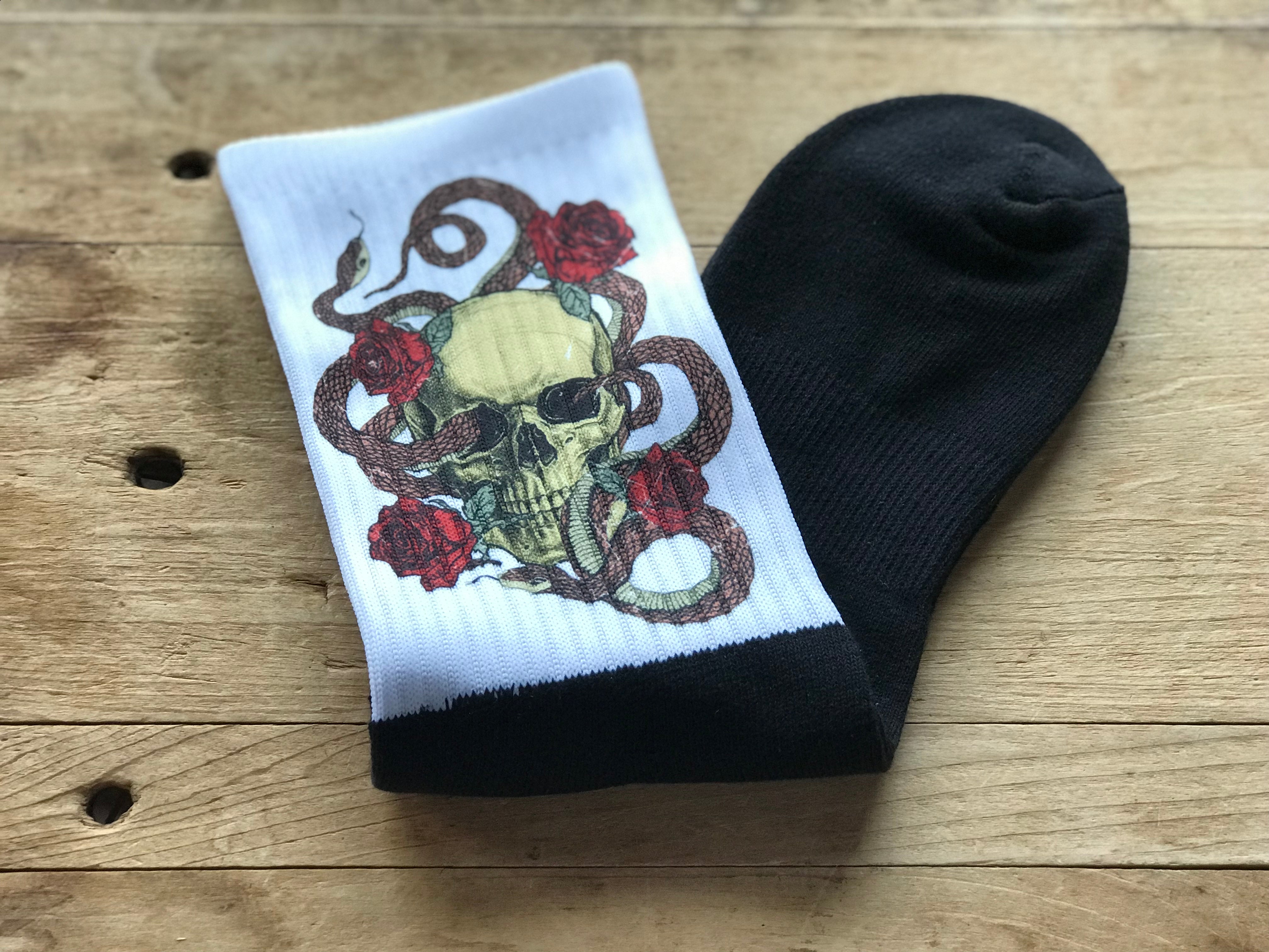 Vintage Skull Wrapped Snake w/Roses Crew Socks