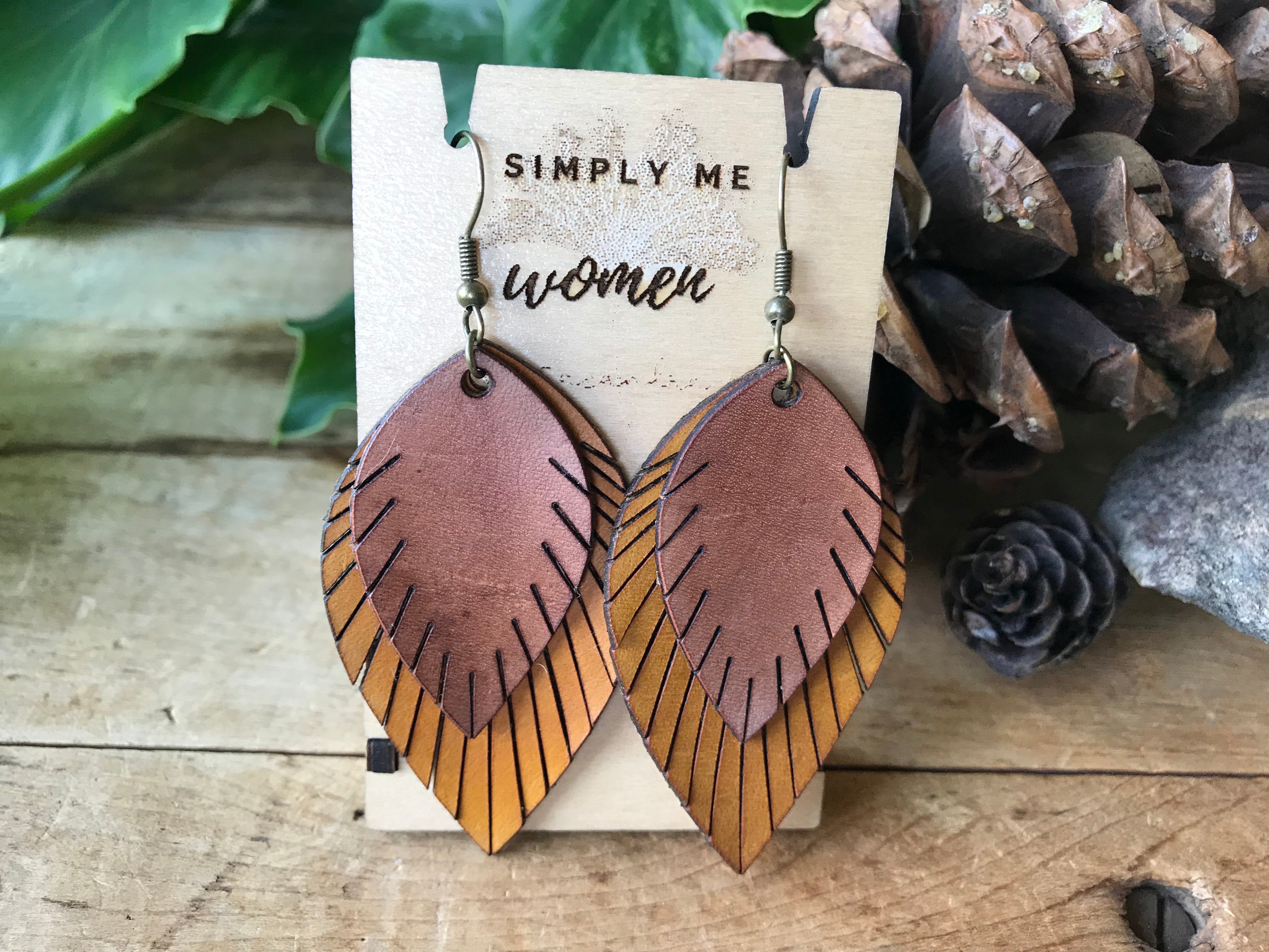 Leather Feather Dangle Earrings (Brown & Yellow)
