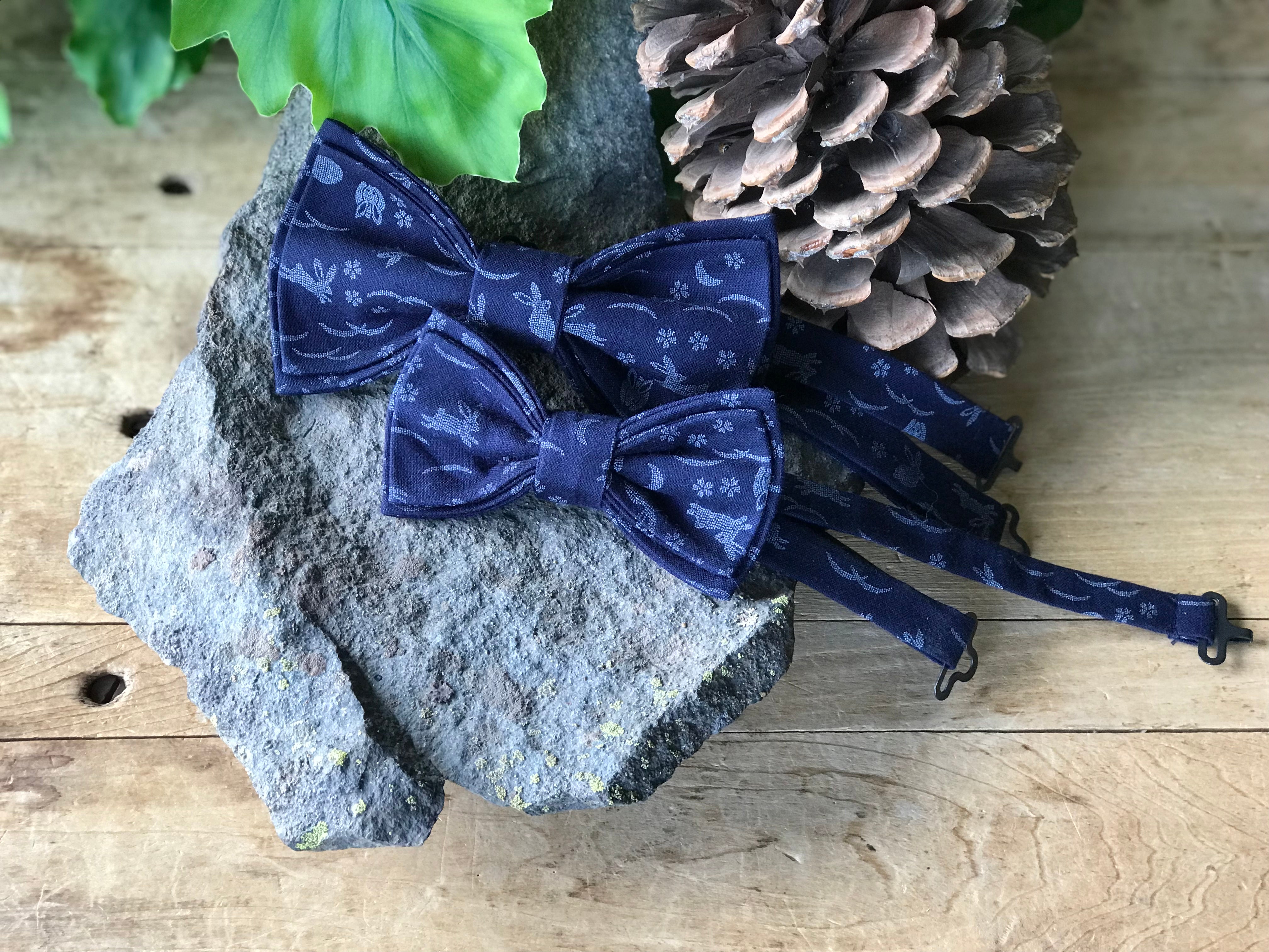 Father & Son Bow Tie Set - White Rabbits with Navy Blue Background