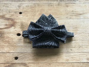Adjustable Bow Tie with Coordinating Pocket Square | Halloween Spider Web