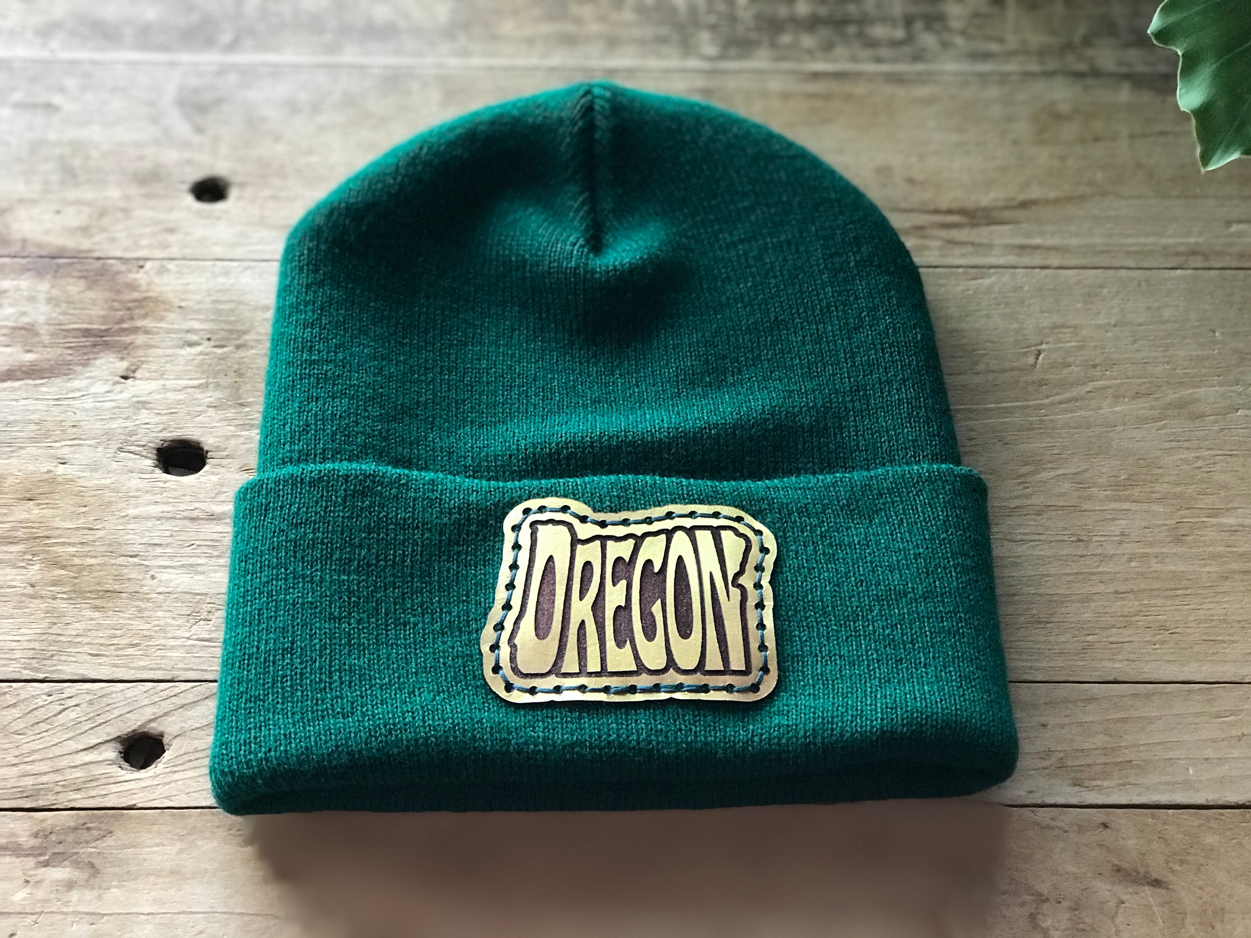 Oregon State Leather Patch - Spruce Green Beanie