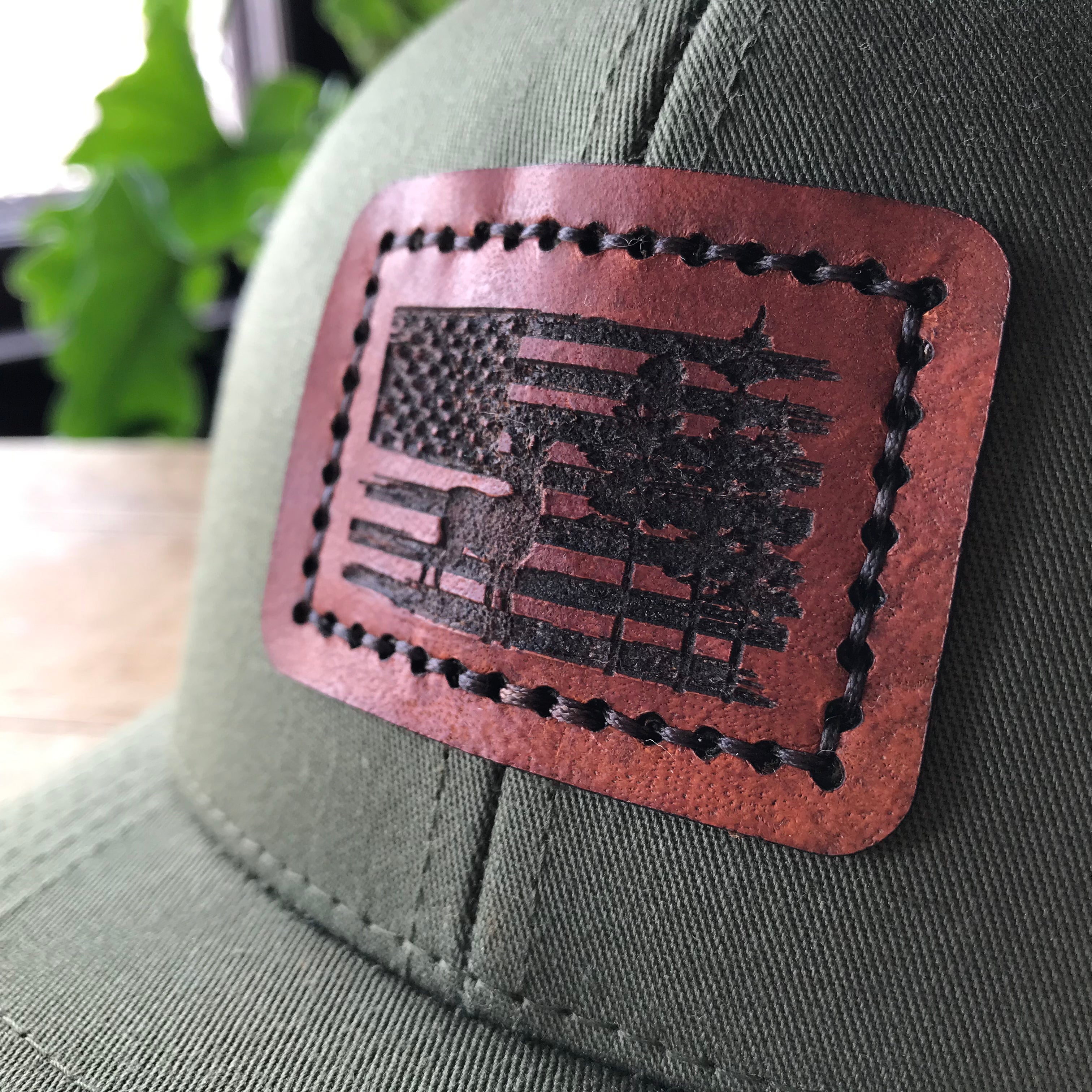 American Flag, Deer & Trees Leather Patch Retro Trucker Hat