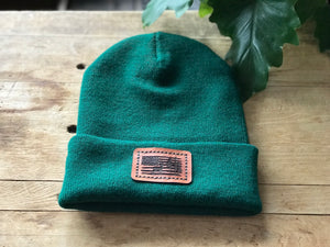 Deer & Trees in American Flag Leather Patch - Spruce Green Beanie