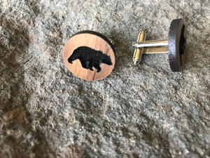 Wood Bear Cufflinks and Lapel Pin Set