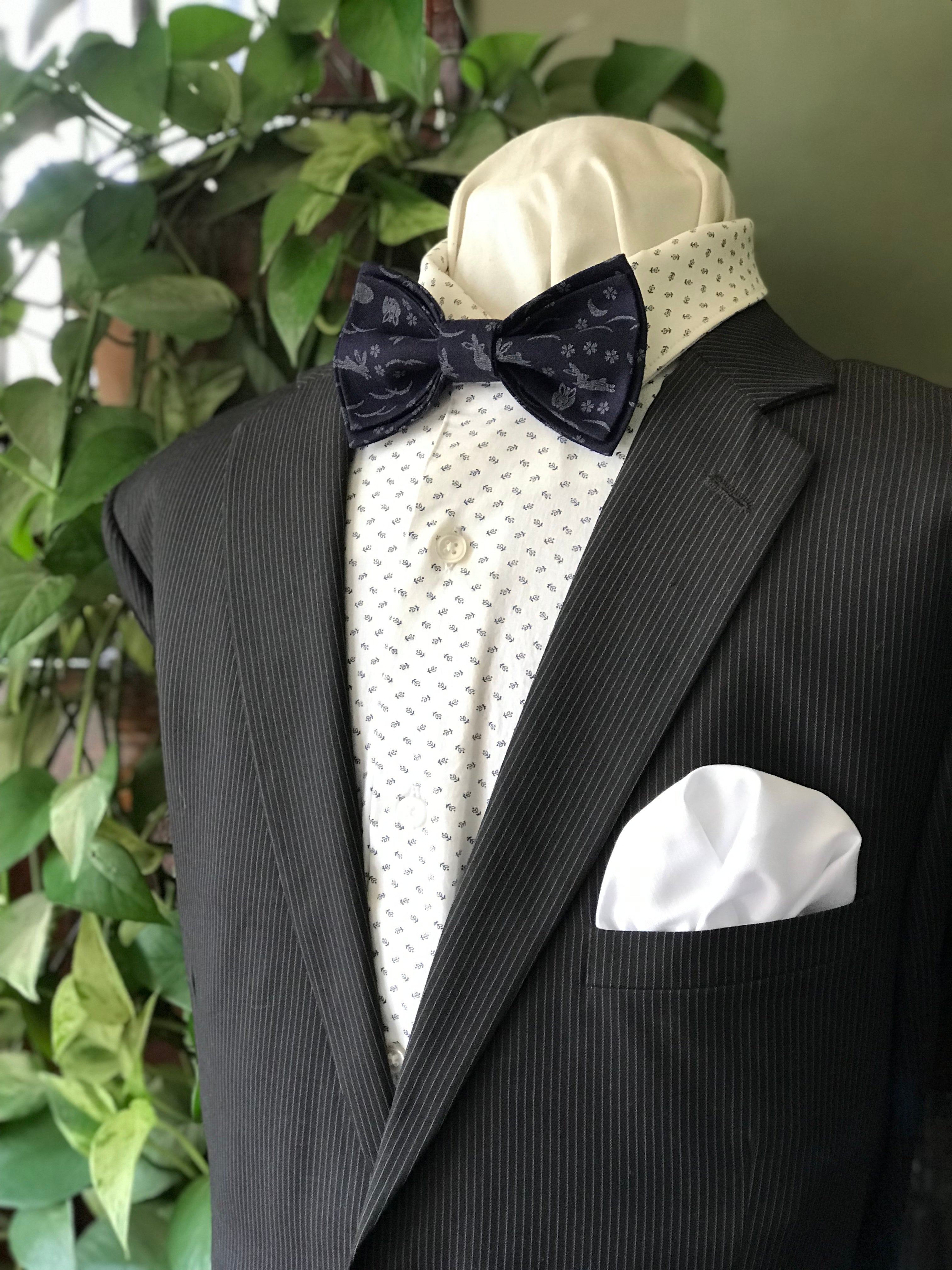 Father & Son Bow Tie Set - White Rabbits with Navy Blue Background