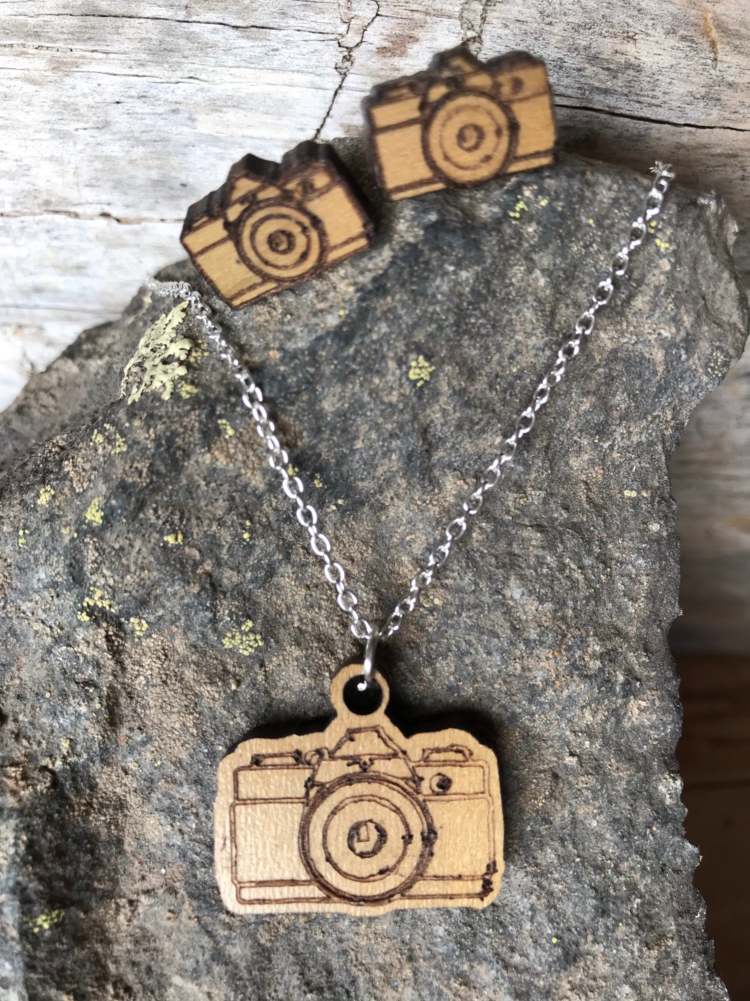 Camera Stud Earrings with Coordinating Camera Necklace